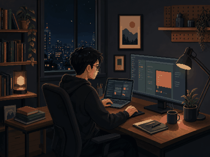 Animated scene of a product manager working in a home studio